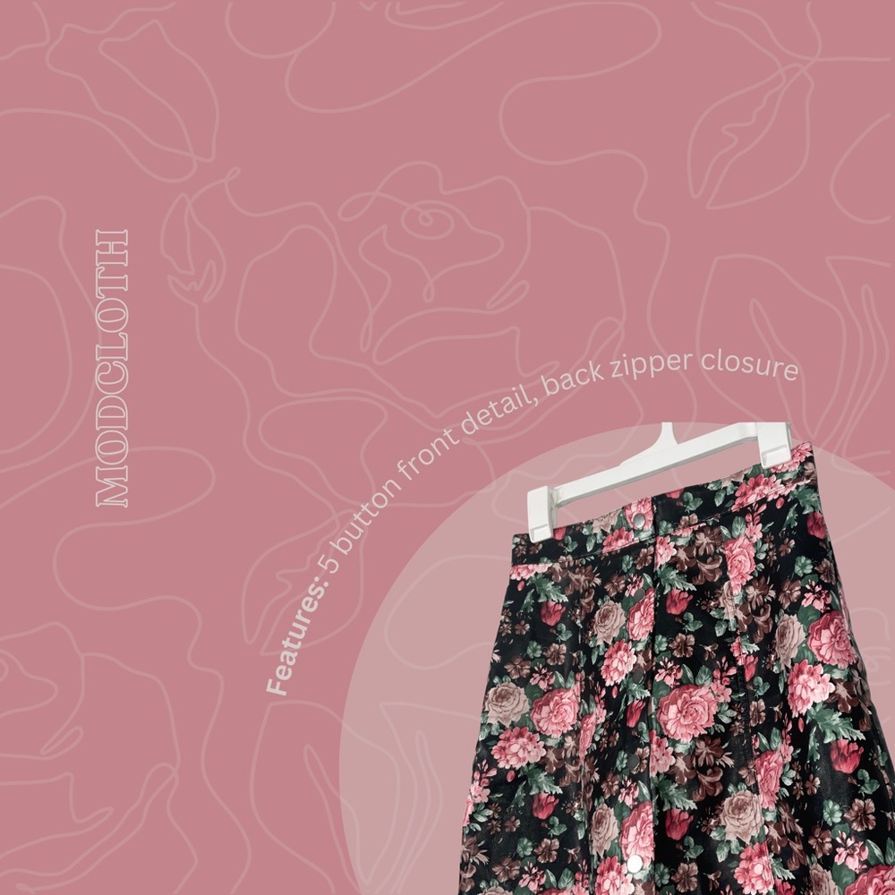 Modcloth Floral Black Mini A-Line Skirt w/ Pink Roses | Size 4 - Picture 2 of 6